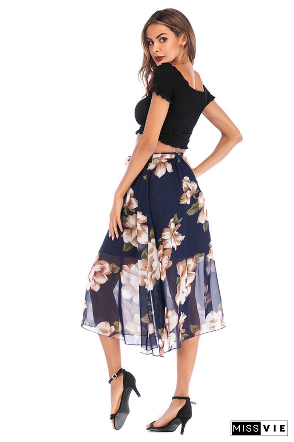 Elastic Waist Blue Floral Print Chiffon Skirt