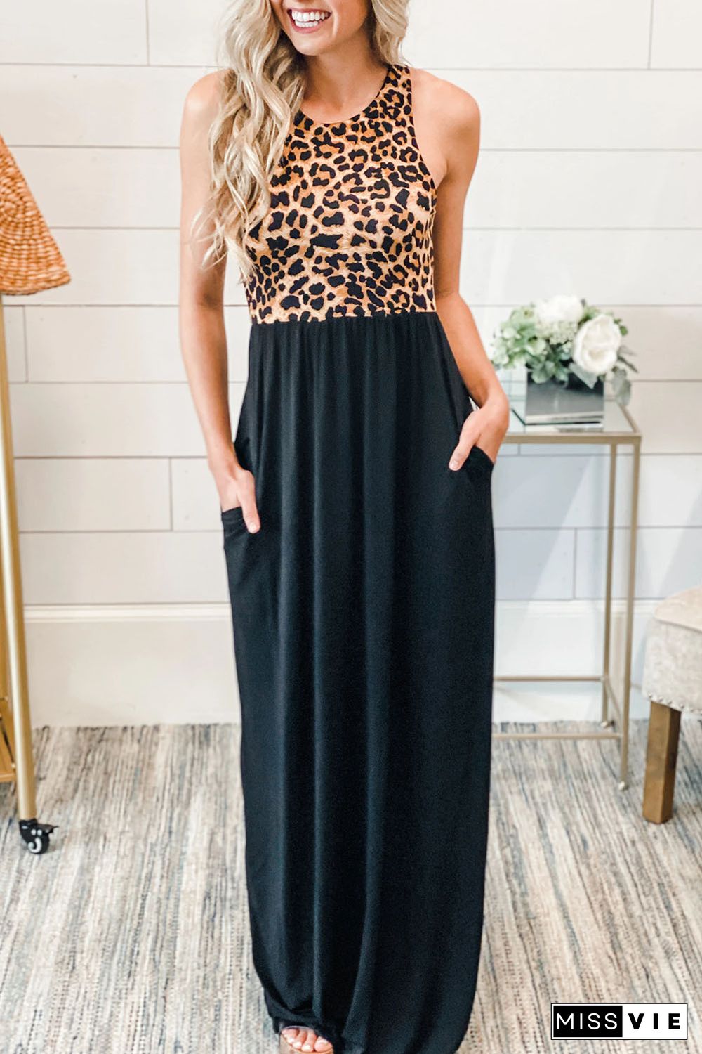 Sleeveless Leopard Bodice Maxi Dress with Pockets