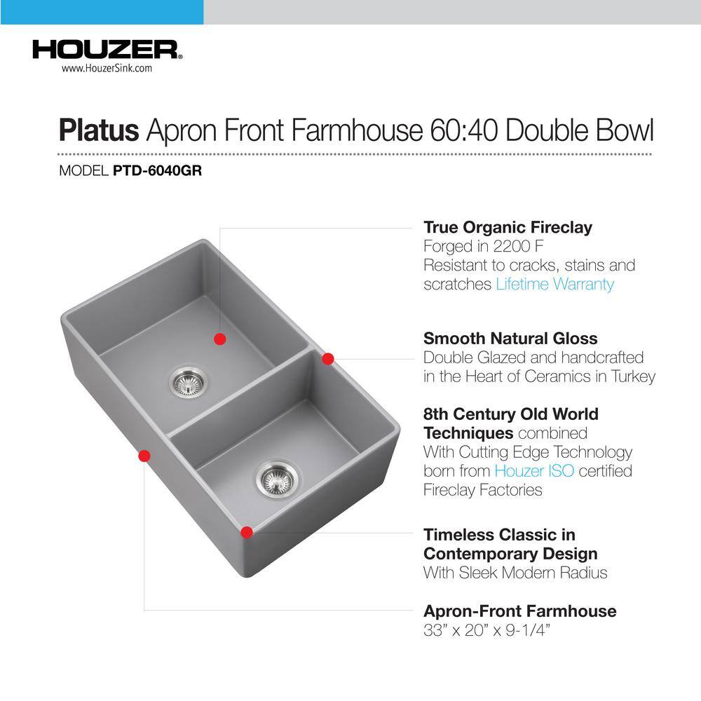 HOUZER Grey Fireclay 33 in. Double Bowl Farmhouse Apron Front Kitchen Sink PTD-6040 GR