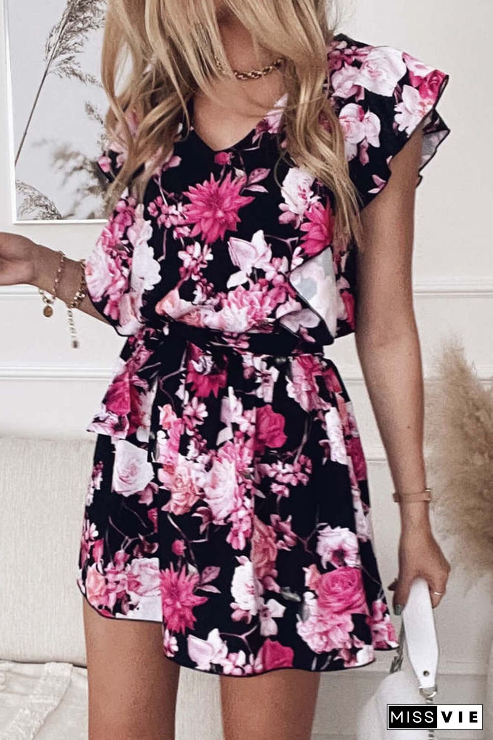 Fashion Elegant Floral Frenulum Flounce V Neck Waist Skirt Dresses