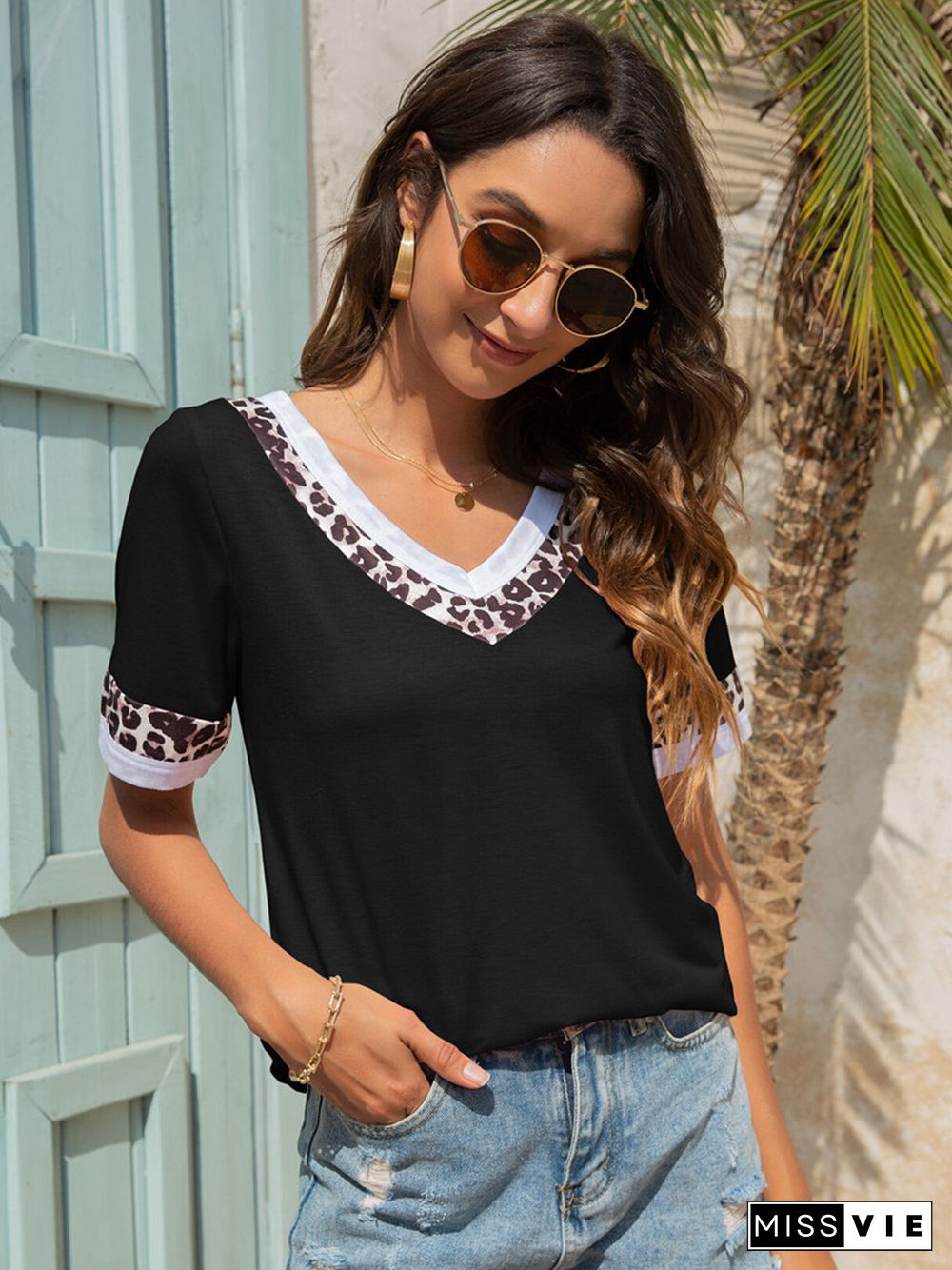 Leopard Patchwork V-neck Short Sleeves T-shirt