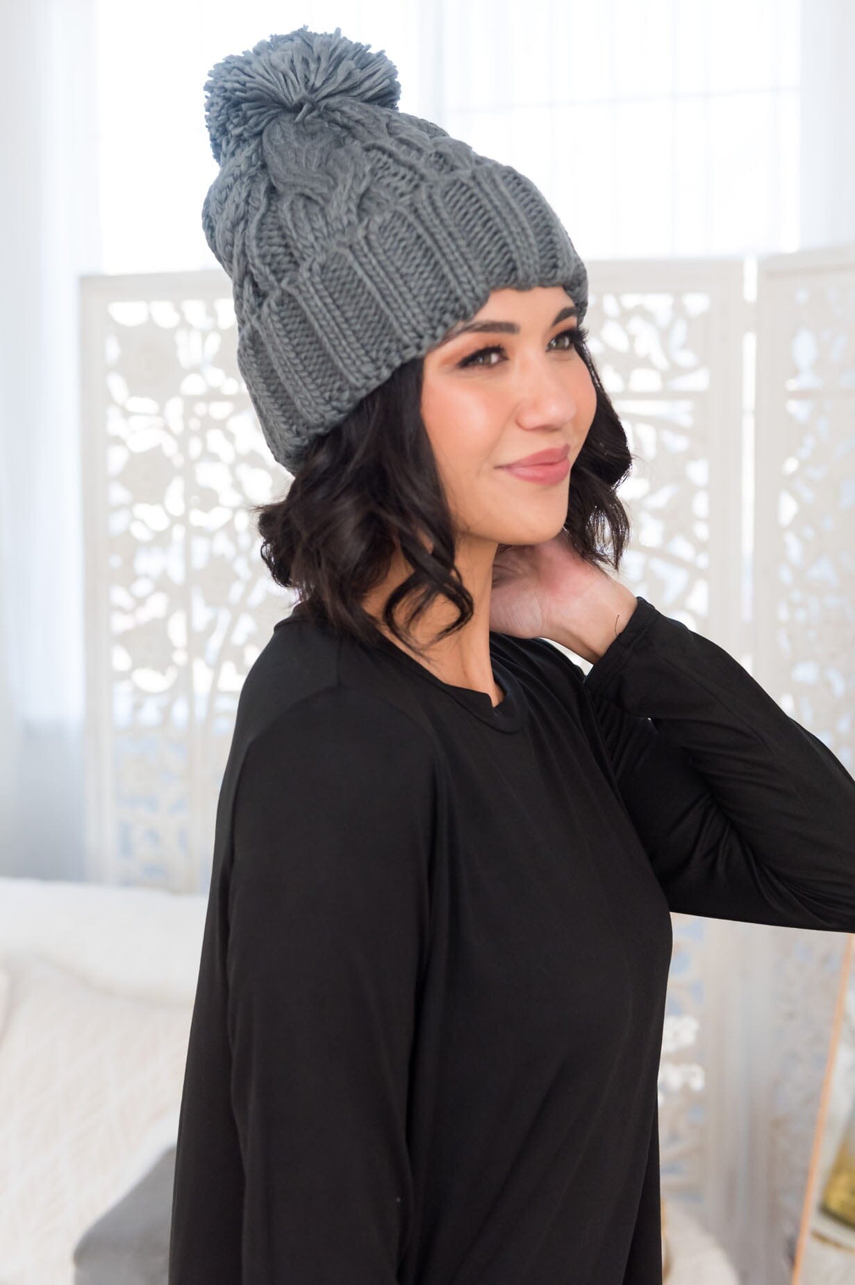 Sit By The Fire Cable Knit Pom Pom Beanie