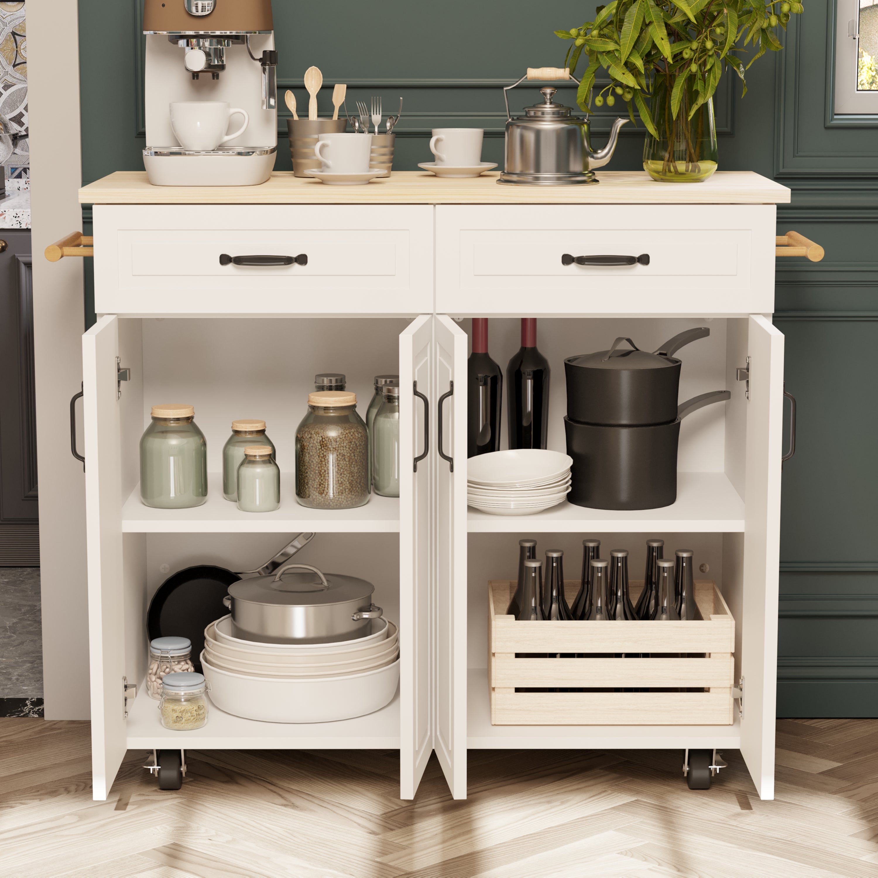 Prime Garden Kitchen Island Cart on Wheels with Drawer and Storage Shelves， White