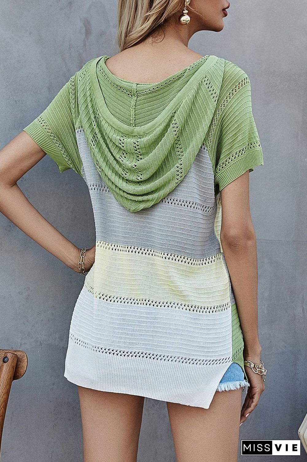 Colorblock Knitted Short Sleeve Hooded T-Shirt