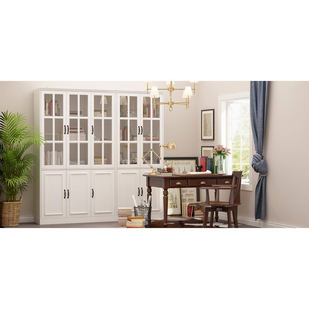 FUFUGAGA 78.7 in. Wide White Wooden MDF 15-Tier Shelves Accent Bookcase with 5 Tempered Glass Door  5 Wooden Doors LBB-KF020319-01+320-01+02