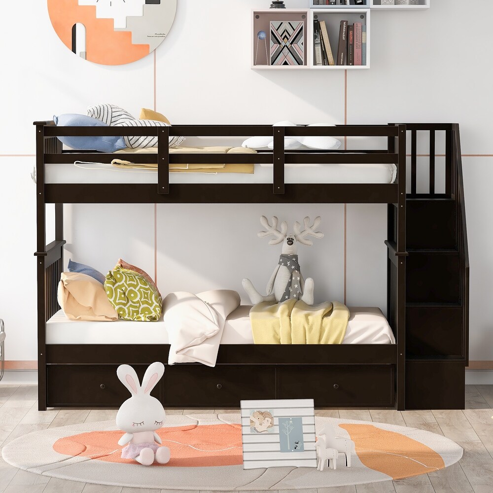 Espresso Stairway Twin Over Twin Bunk Bed with Drawer  Side Storage and Guard Rail for Bedroom  Dorm  Apartment