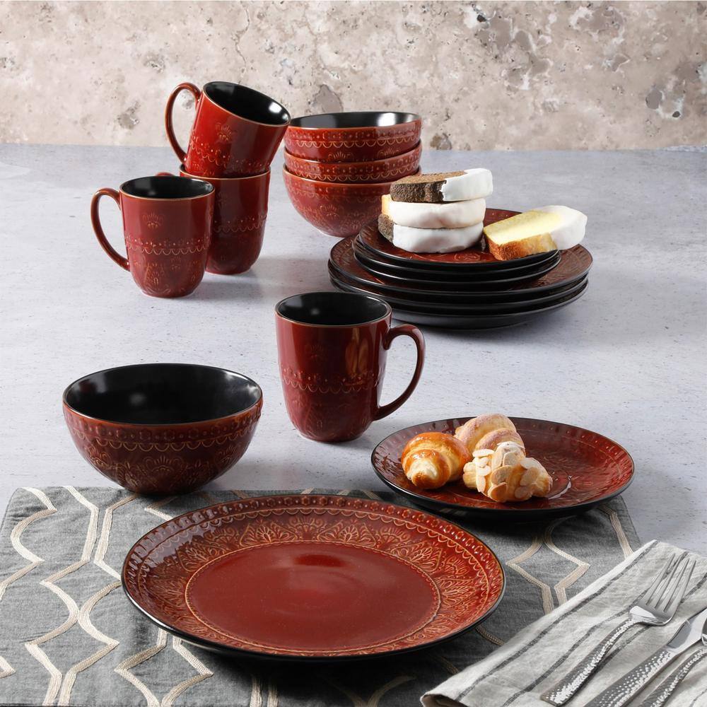 GIBSON elite Milanto 16-Piece Contemporary Red Stoneware Dinnerware Set (Service for 4) 985112057M