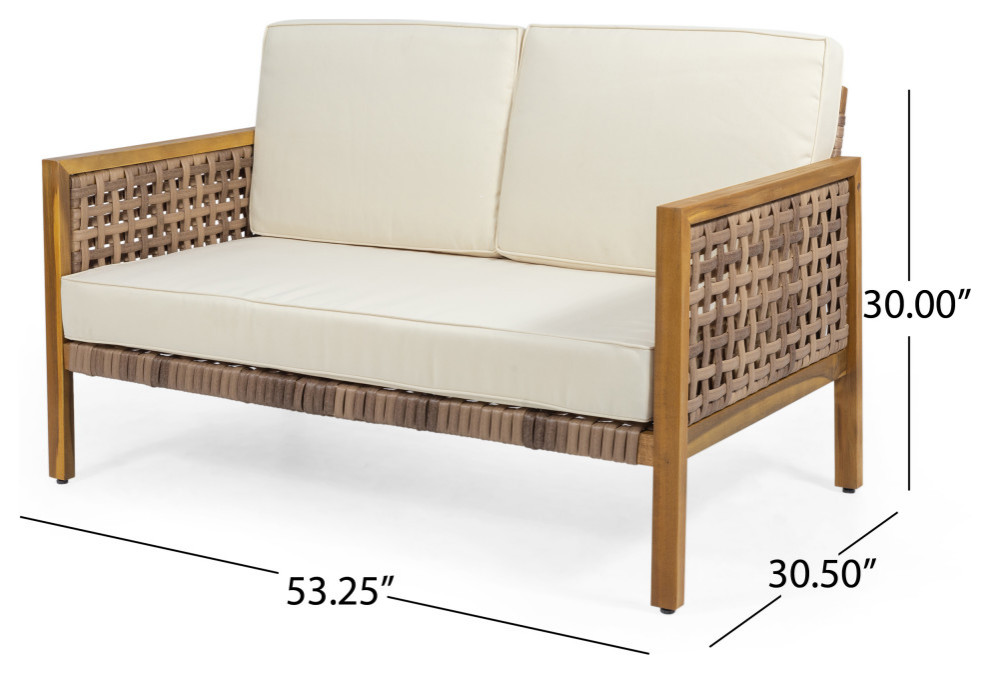 HughOutdoor 4 Seat Acacia Wood Chat Set With Wicker Accents   Tropical   Outdoor Lounge Sets   by GDFStudio  Houzz