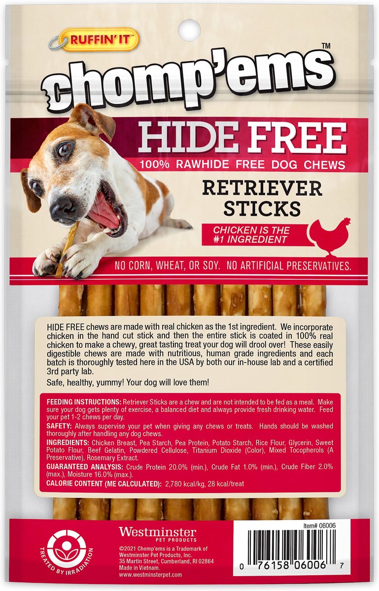 RUFFIN' IT Chomp'Ems Hide-Free Chicken Sticks Dog Treats， 10 count