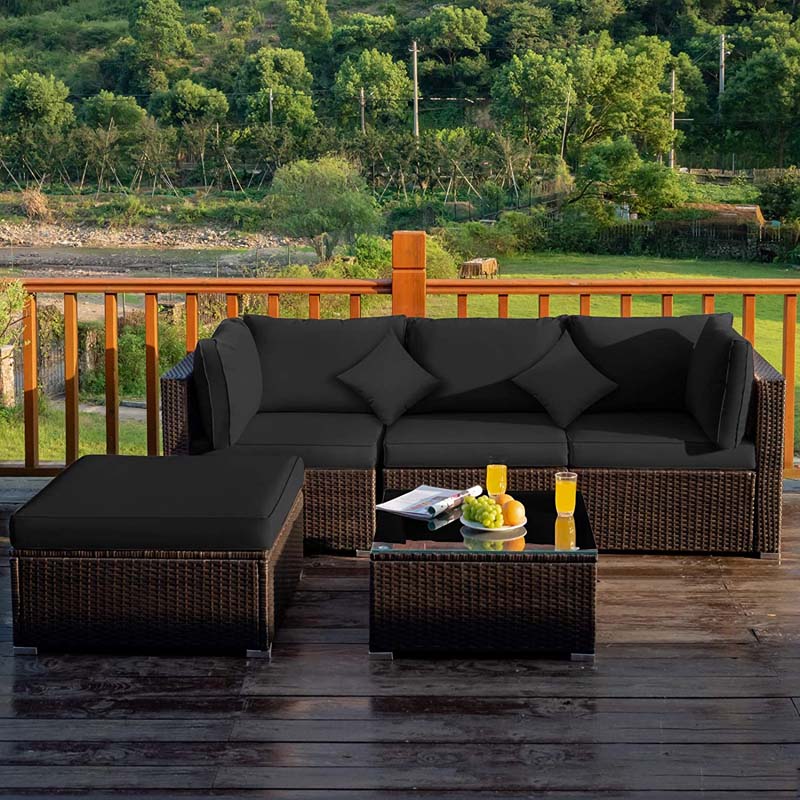 5 Pcs Outdoor Patio Rattan Furniture Sectional Sofa Set Wicker Conversation Set with Cushions