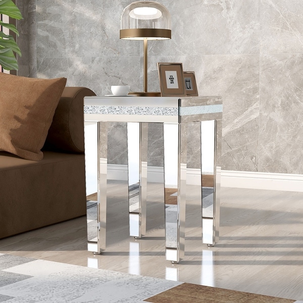 Modern Glass Mirrored Side Table End Table with Crystal Design