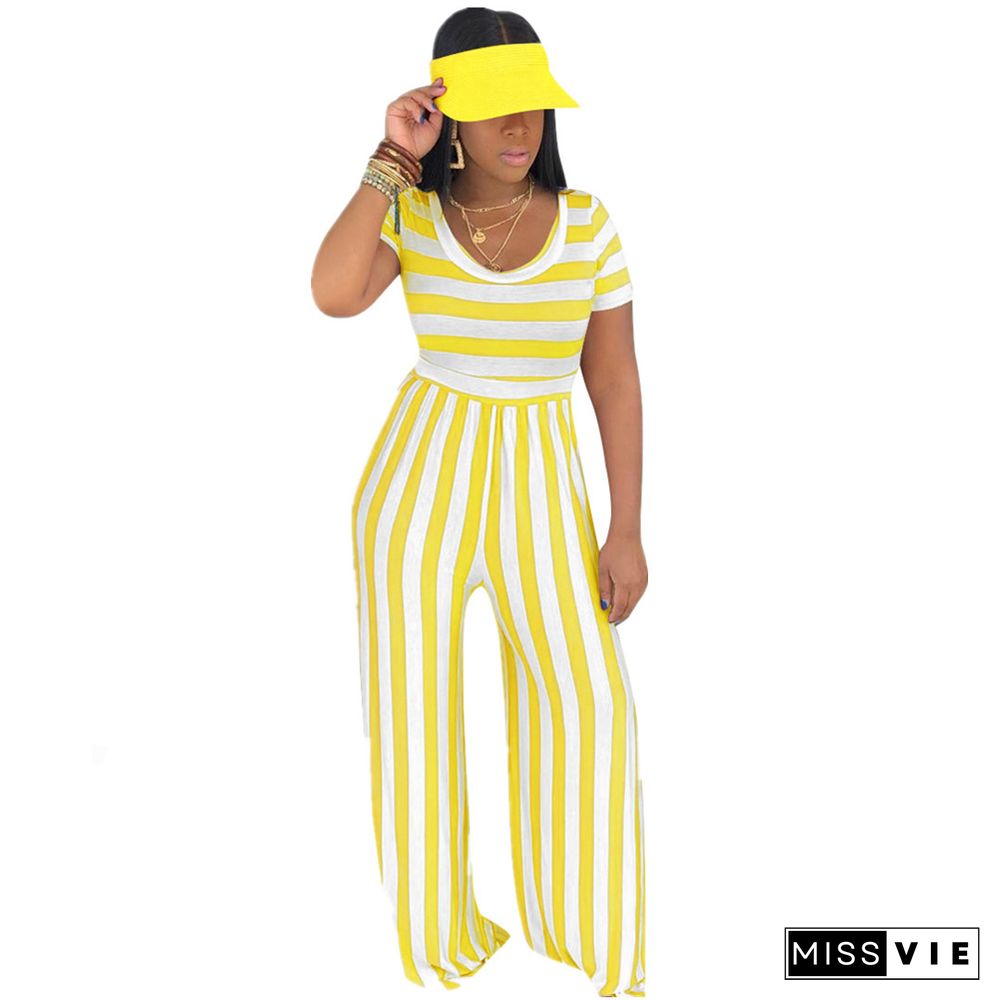 Striped Print Short Sleeve Wide Leg Jumpsuit