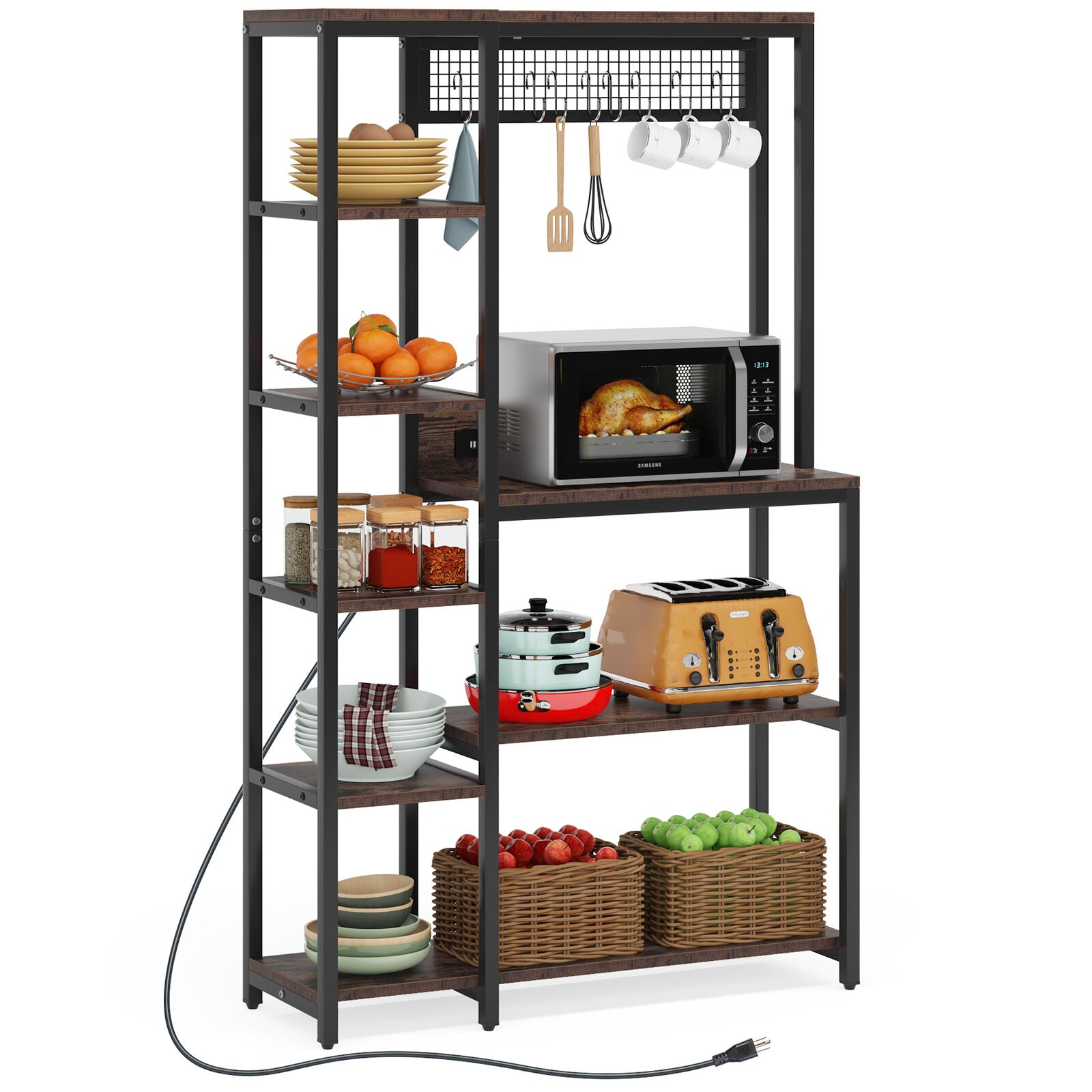 Tribesigns Kitchen Baker's Rack with Power Outlets， Freestanding 8 Tier Microwave Stand with Storage Shelf， Rustic Brown