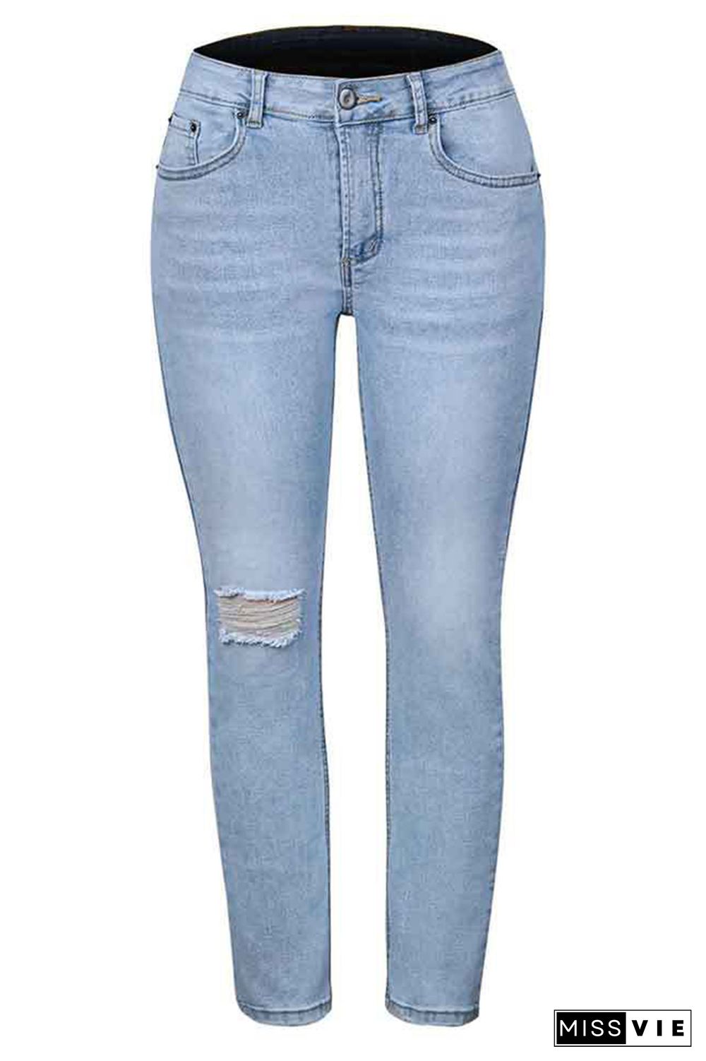 Washed Stretch Straight Ripped Jeans Pants