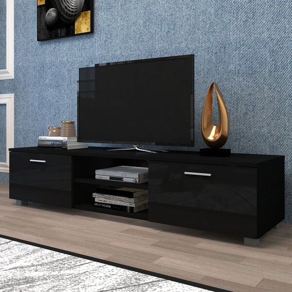 Black TV Stand Media Entertainment Center Console Table with 2 Storage Cabinet， Open Shelves for 70