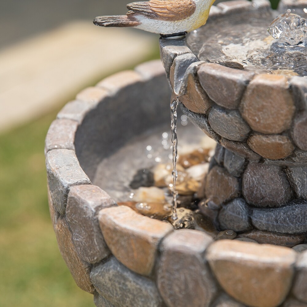 Glitzhome 24.5 inch Outdoor 2 tier Faux Pebbles Polyresin Birdbath Fountain with Pump