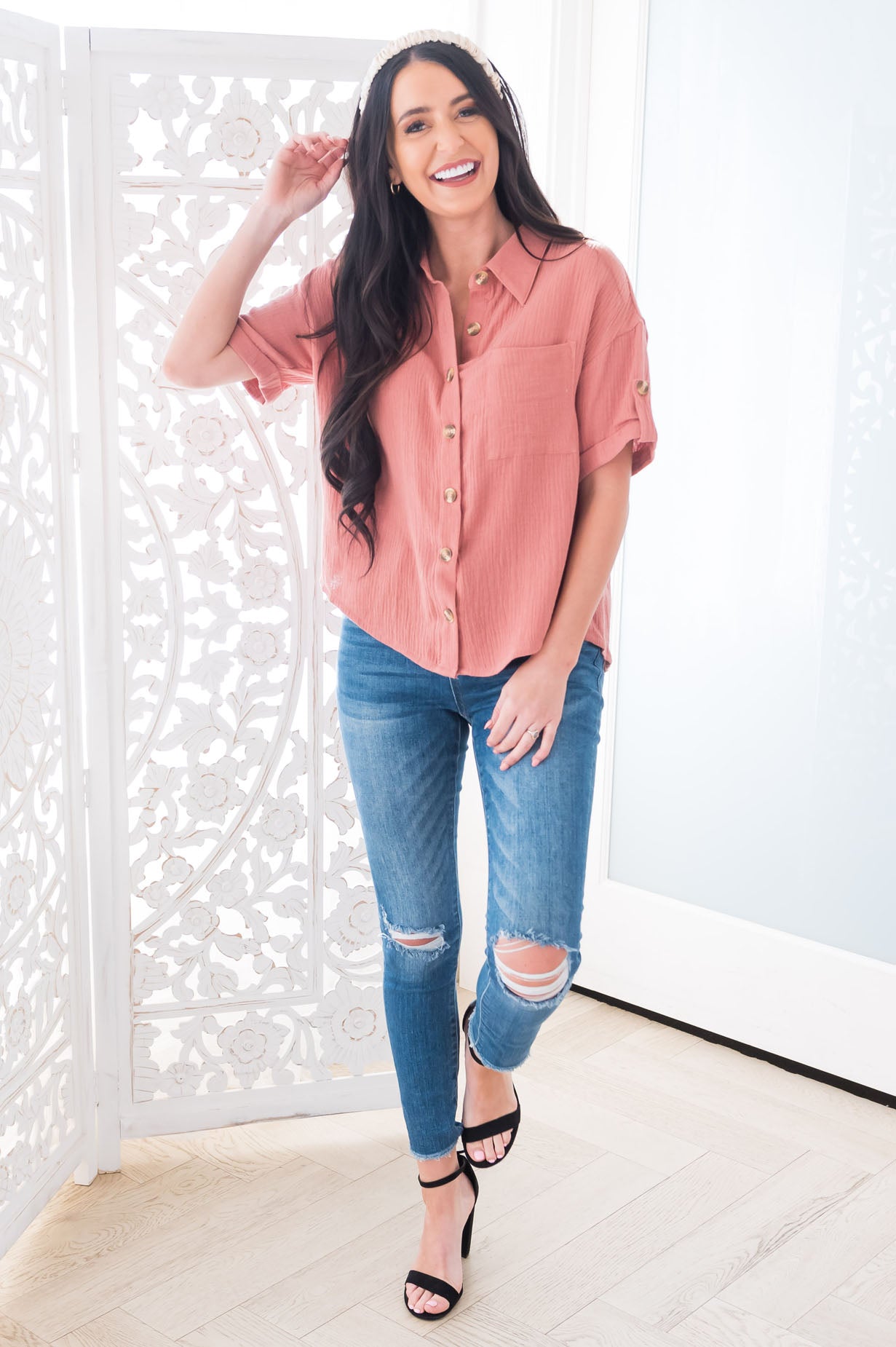 Always Happy Modest Button Blouse