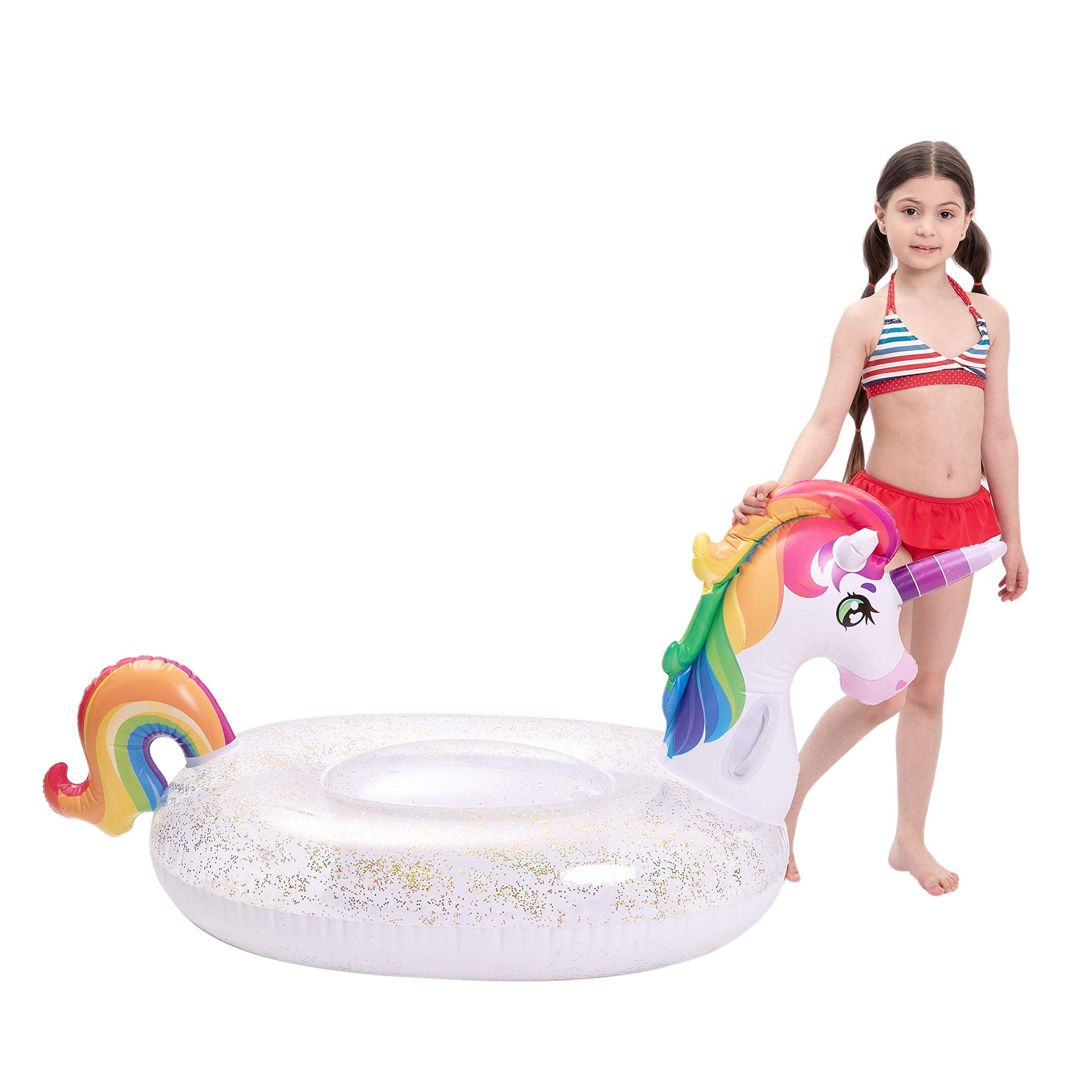 JOYIN Inflatable Unicorn Pool Float with Glitters, Fun Beach Floaties, Ride On Unicorn Raft, Pool Toys, Summer Party Lounge Raft Decorations for Kids (69” x 29.5” x33.5”)