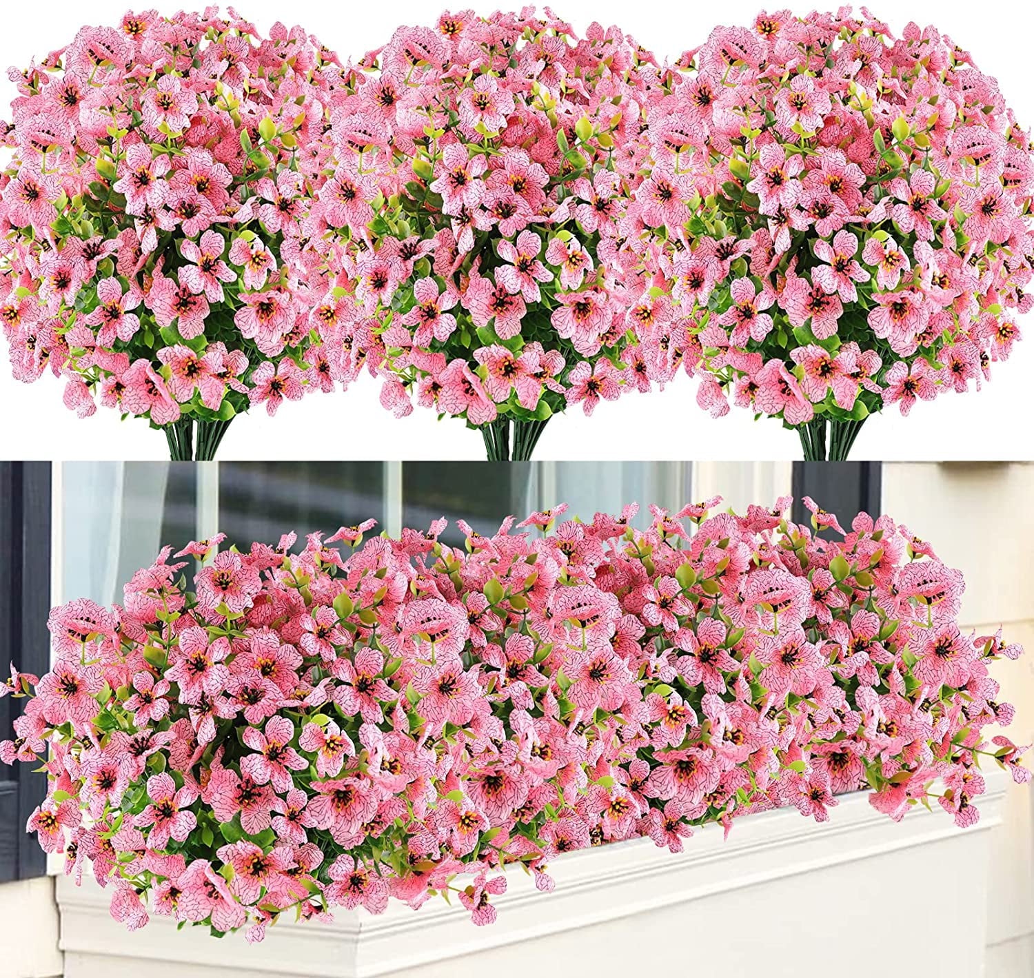 Sinhoon 6 Bundles Artificial Flowers UV Resistant Fake Plants Outdoor Faux Plastic Flowers Garden Window Box Porch Home Decor (Pink)