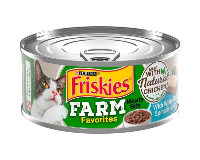 Purina Friskies Farm Favorites Meaty Bits With Whitefish  Spinach Natural Wet Cat Food， 5.5 oz. Can