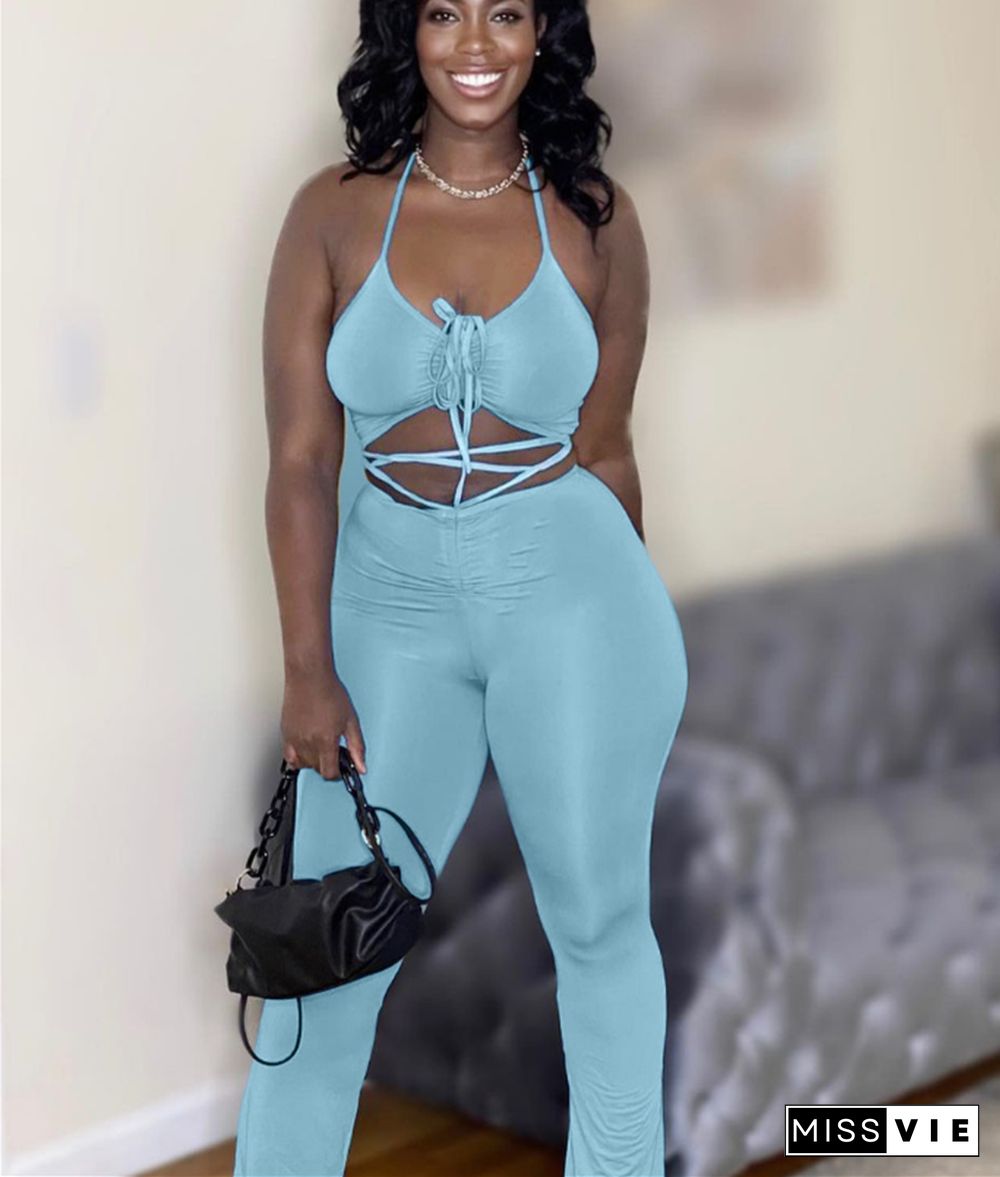 Halter Backless Crop Top and Full Pants Set