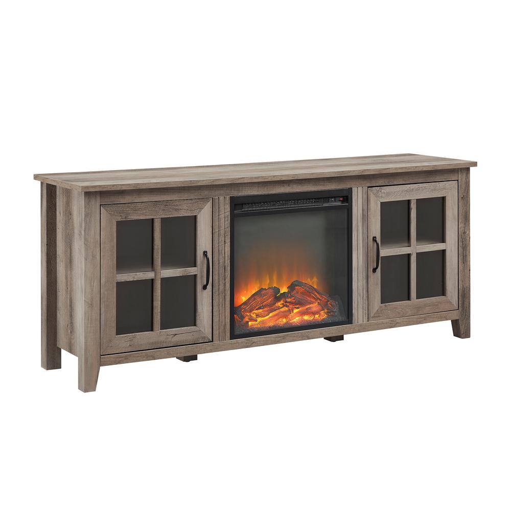 Welwick Designs 58 in. Grey Wash Wood and Glass Transitional 2-Door Windowpane Fireplace TV Stand Fits TVs up to 65 in. HD9150