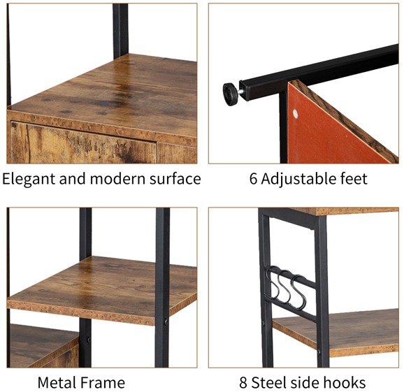 Multiuse 5-Tier Metal Kitchen Bakers Rack， Microwave Storage Rack Oven Stand with Wine Storage