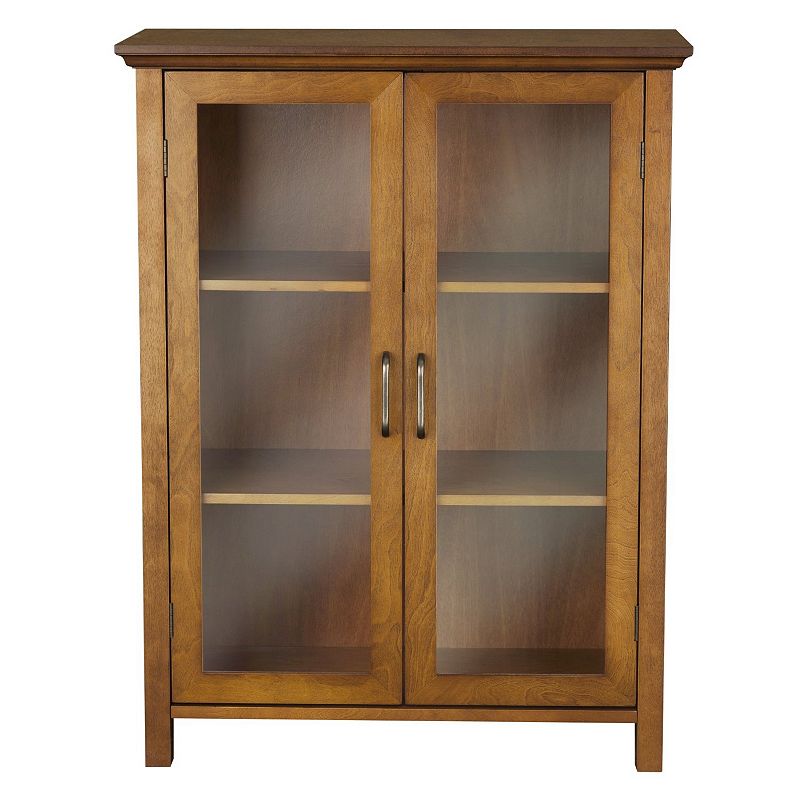 Oak Finish Bathroom Floor Cabinet With 2 Glass Doors and Storage Shelves