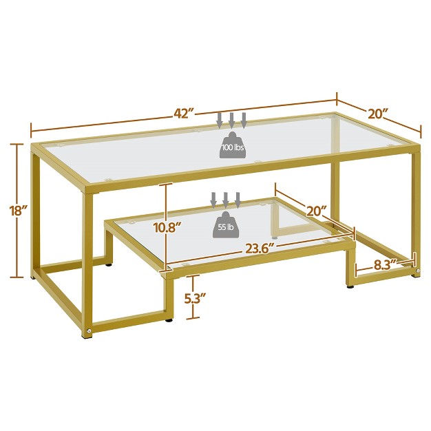 Yaheetech Modern Tempered Glass Coffee Table With Open Shelf For Living Room Gold