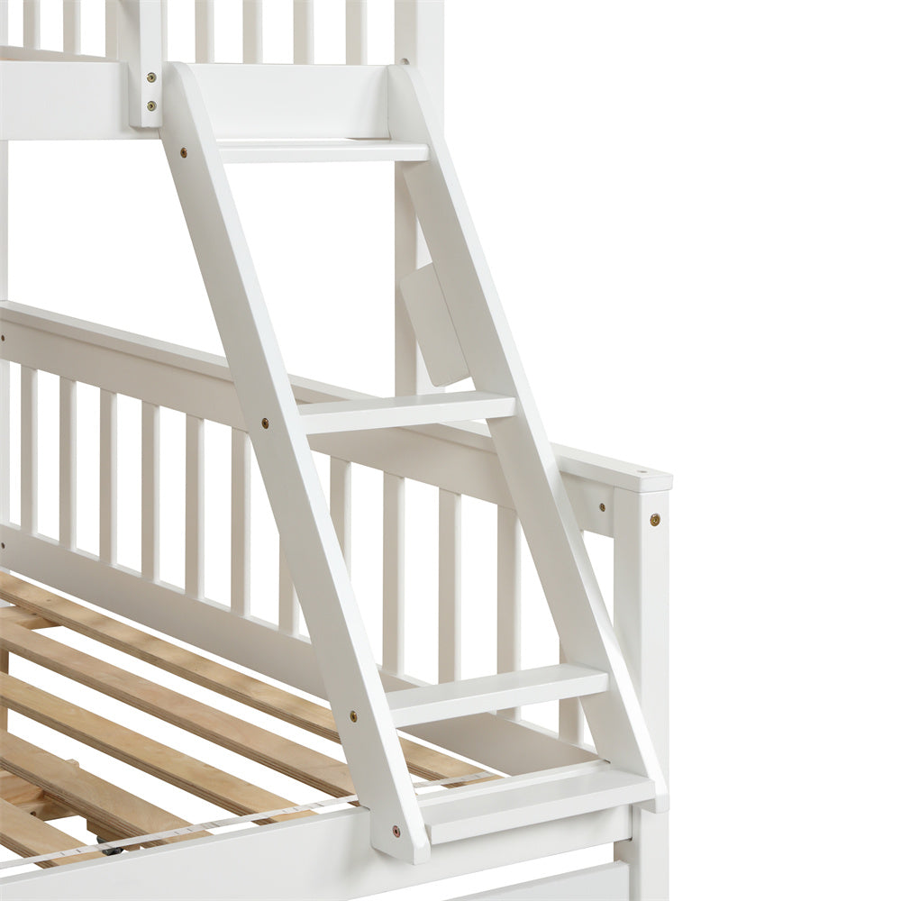 Twin Over Full Bunk Bed with Trundle, Pine Wood Bed Frame and Ladder with Guard Rails for Toddlers, Kids, Teens, Boys and Girls, White