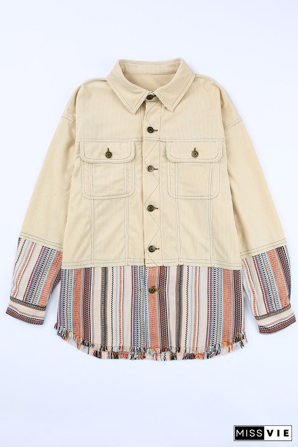 Button Up Pockets Striped Color Block Corduroy Jacket