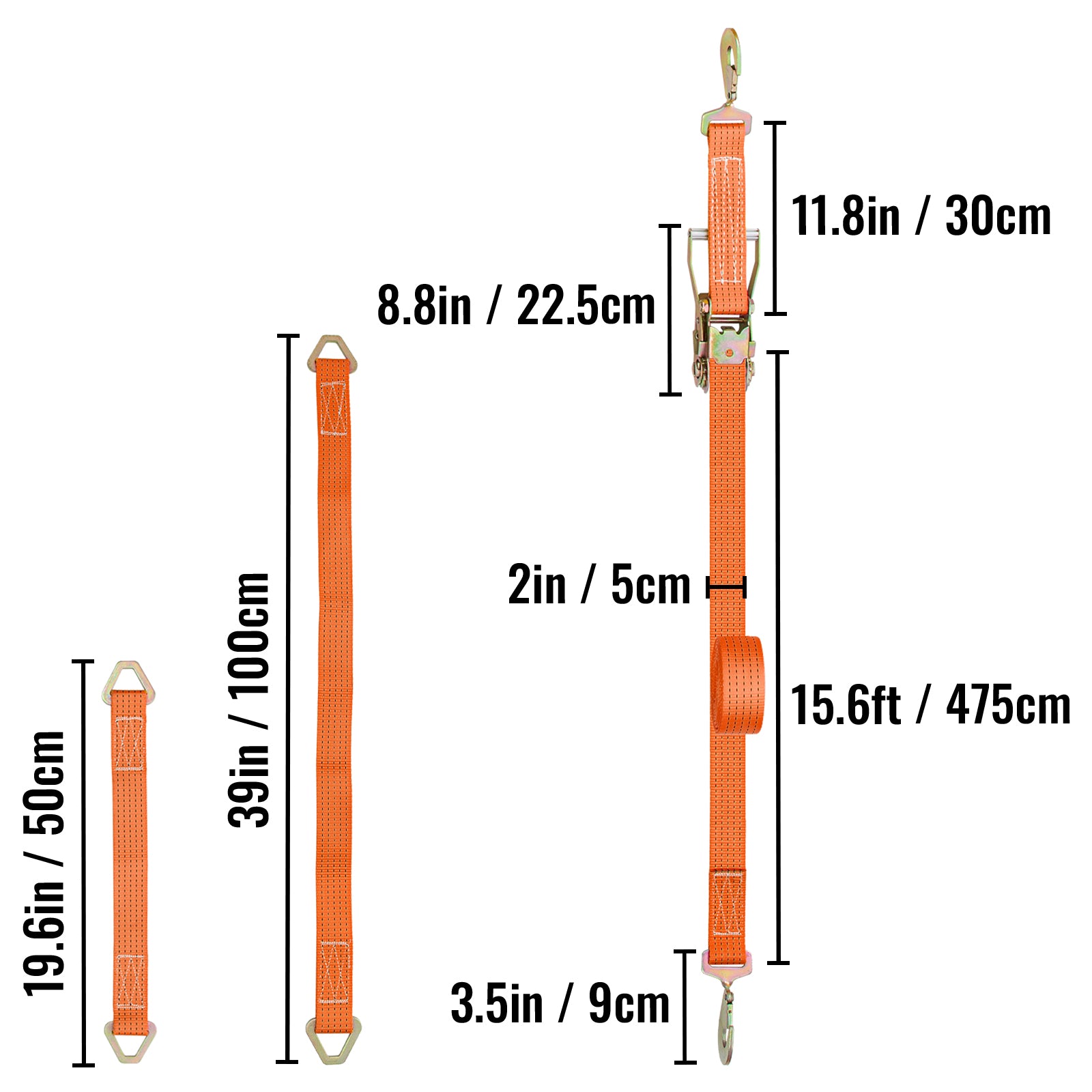 VEVOR Ratchet Tie Down Strap, 15.6ft x 2in Polyester Ratchet Strap 4000 lbs Working Load, 12 PCs Heavy Duty Car Strap w/ Double Hooks, Car Tie Down Strap with Chain Anchors, Security Fastening, Orange