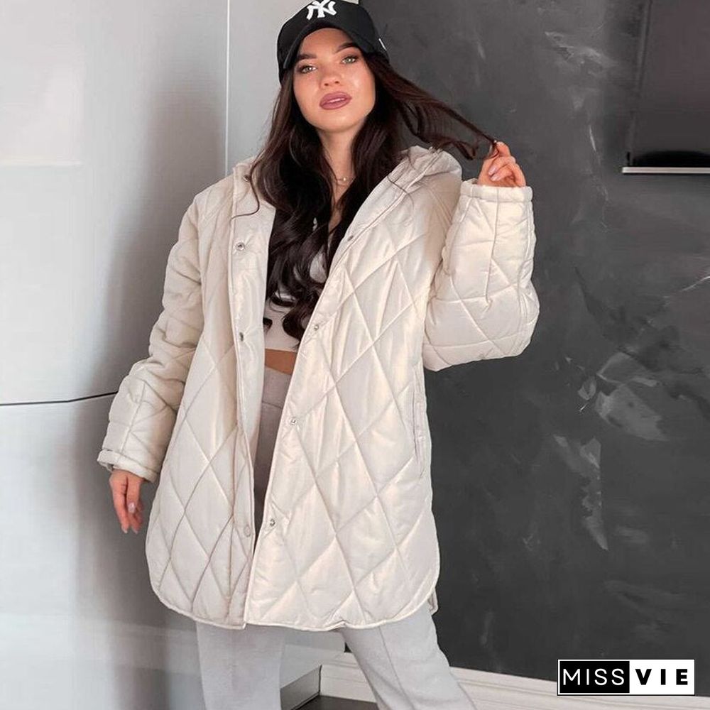 Winter Oversize Vintage Plaid Hooded Parka Coat Women Casual Pockets Cotton Jacket Outwear Loose Long Overcoats Female