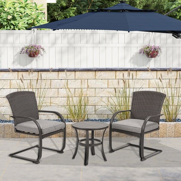 3 Piece Outdoor Patio Furniture Set Bistro Set 2 Wicker Chairs with Cushion and Coffee Table