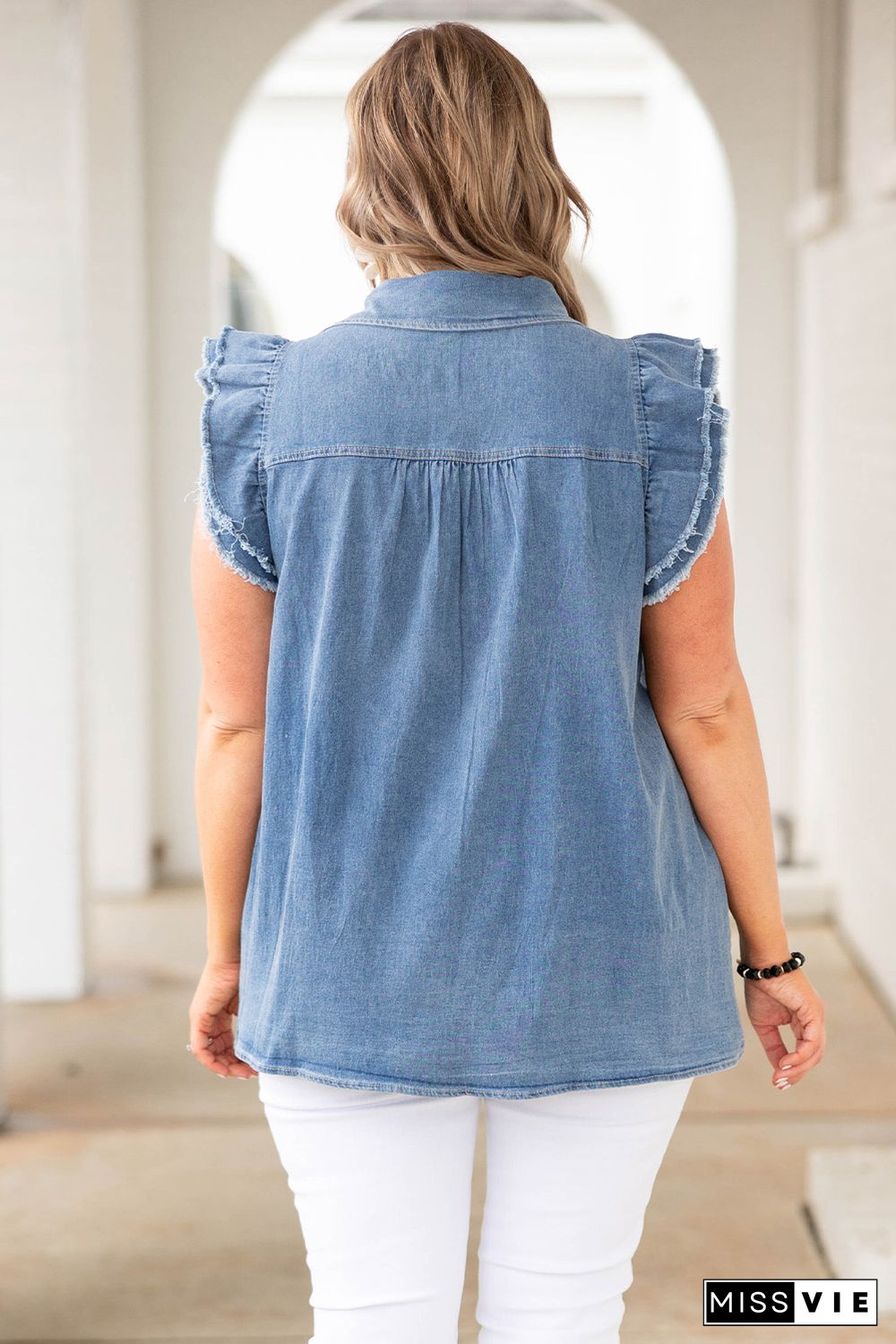 Blue Frayed Ruffle Sleeve Plus Size Denim Shirt