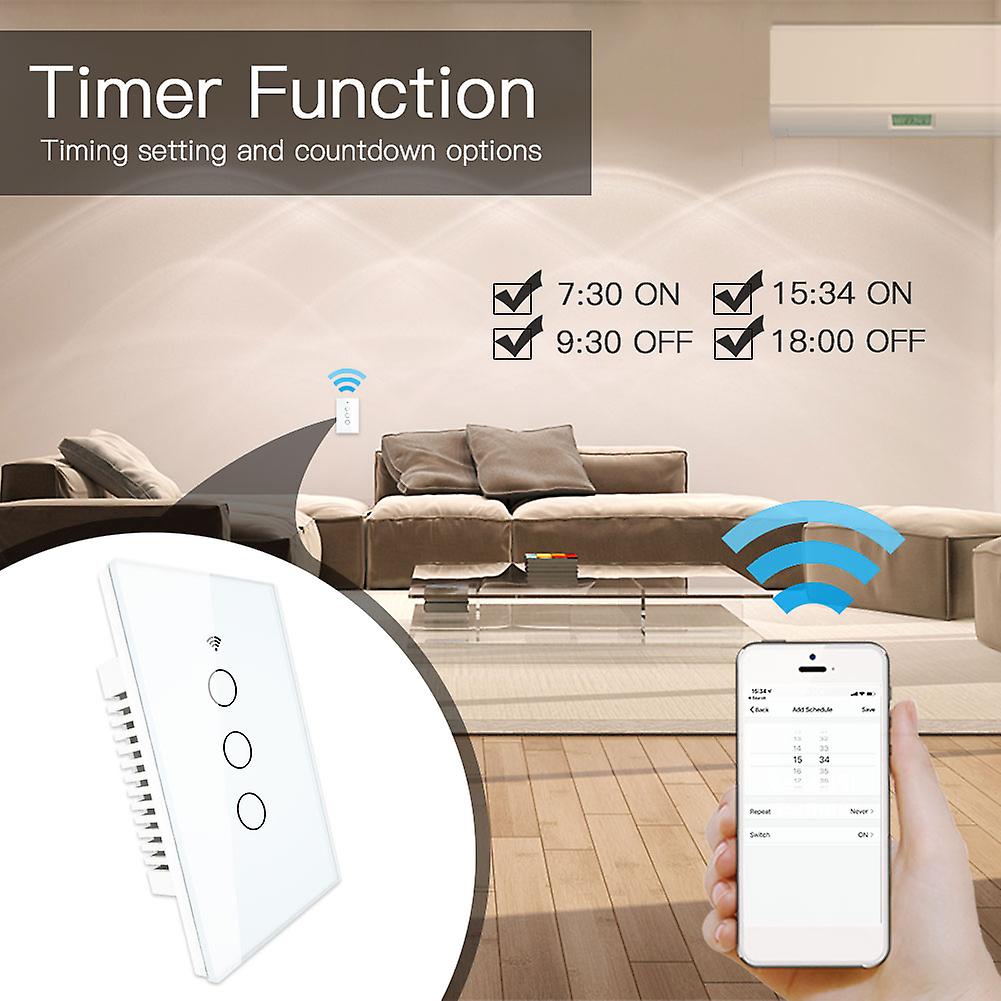 White 3 Gang 90-250v Smart Light Switch Wall Switch Wifi Remote App Control Voice Control Compatible With Alexa Google Assistant Timer And Countdown S