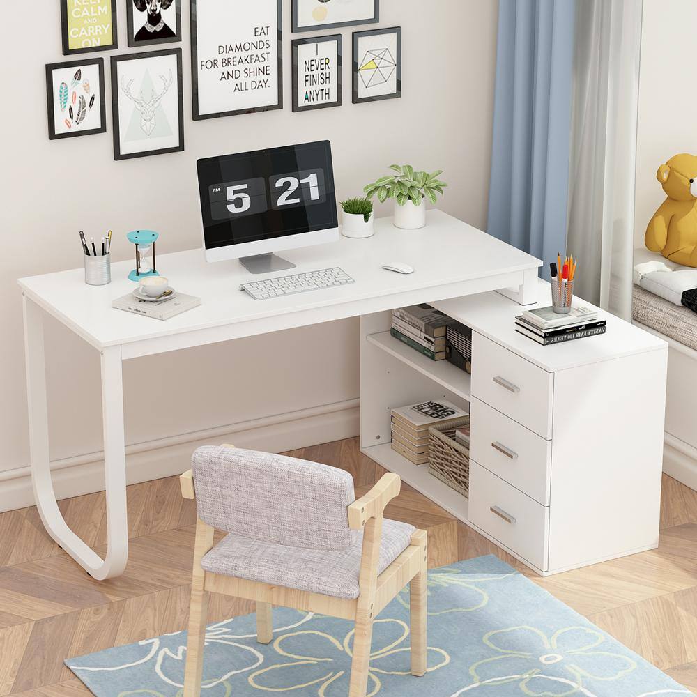 FUFUGAGA 55.1 in. L-Shaped White Wood Writing Desk Corner Gaming Desk With 2-Tier Shelves and 3-Drawers Home Office Use KF210009-02-c