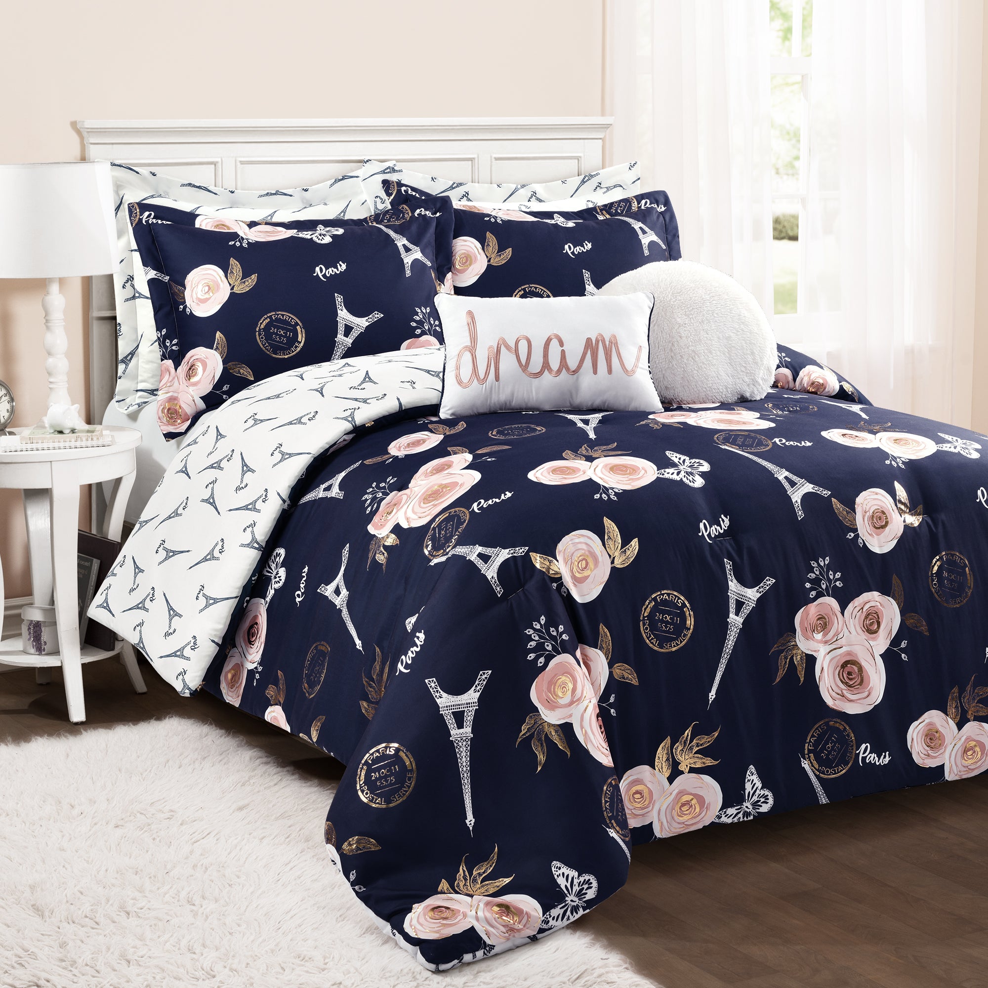 Vintage Paris Rose Butterfly Script Comforter Set