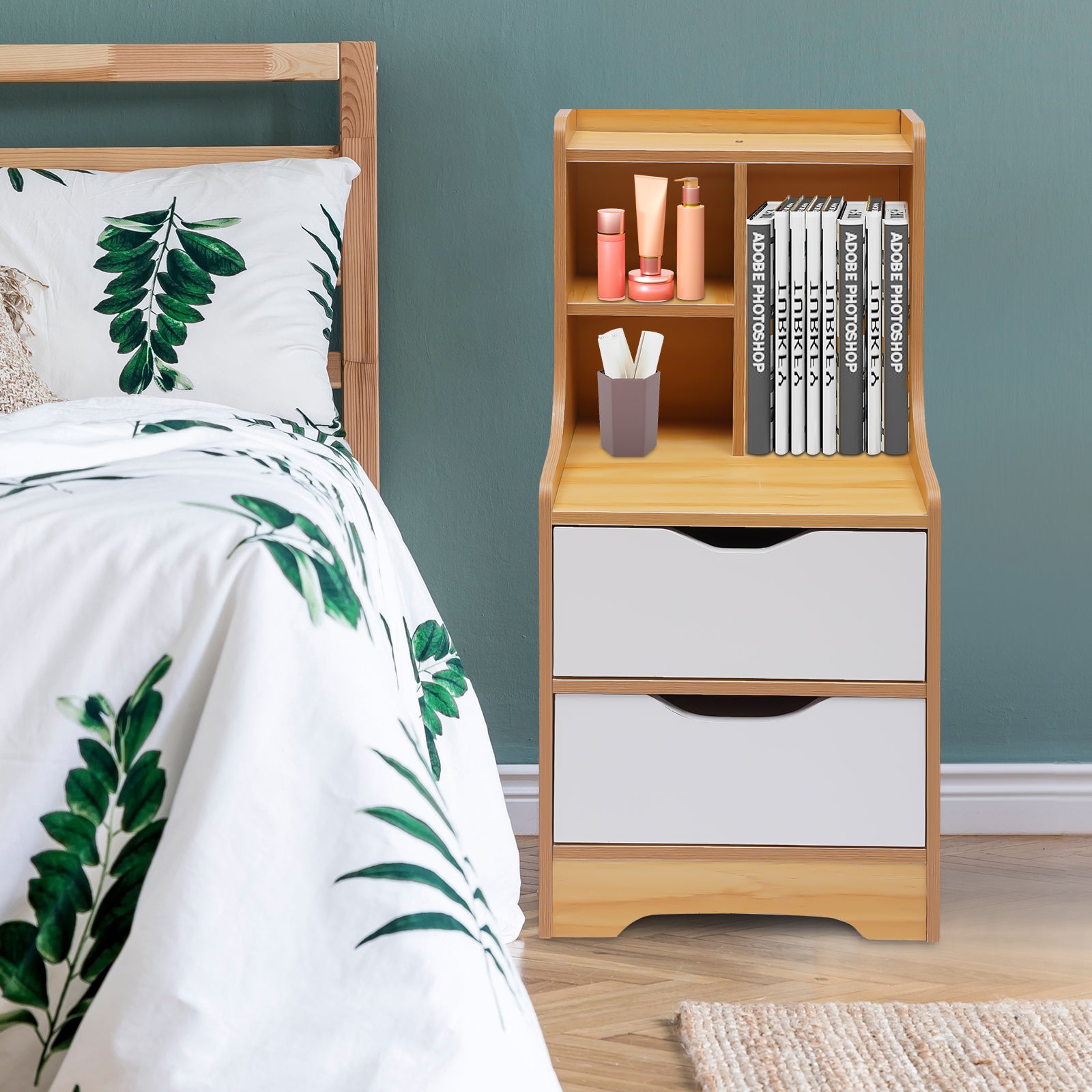 Oukaning  Modern Wood Nightstand Side Furniture with 2 Drawers and Storage Shelves Wood Color