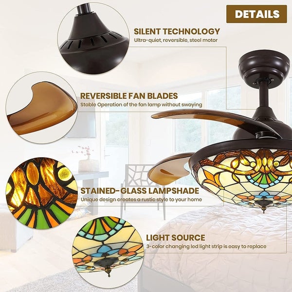 36'' Retractable  Ceiling Fan with Light and Remote Reversible Stained Chandelier Fan with Dimmable LED Light Shopping - The Best Deals on Ceiling Fans | 40911142