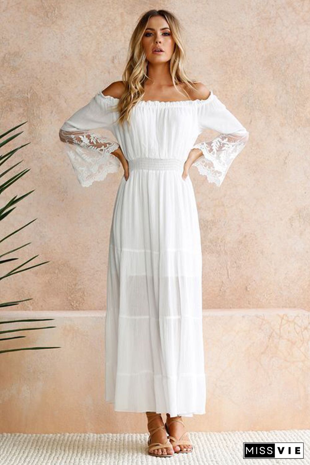 White Off Shoulder Embroidered Flared Sleeve Lace Maxi Dress