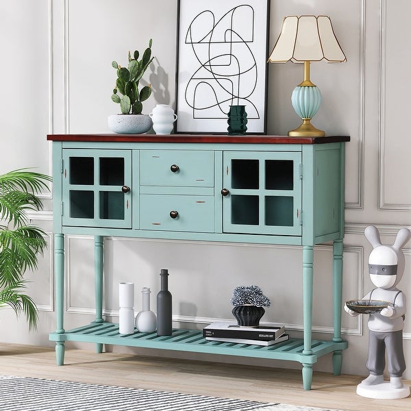 Sideboard Console Table with Bottom Shelf， Wood/Glass Buffet Storage Cabinet