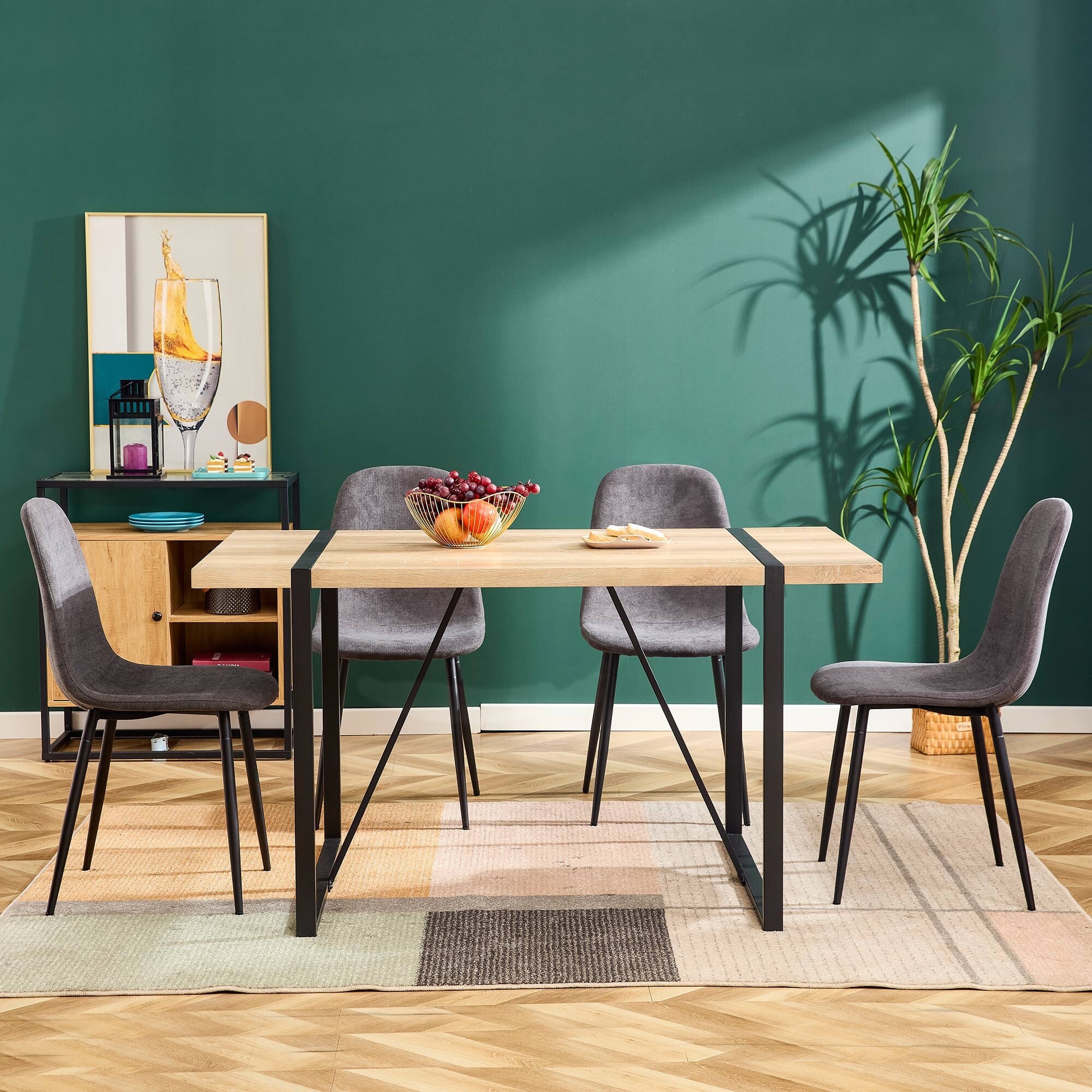 Dining Chairs Set of 4， Upholstered Side Chairs，Accent Chairs with Soft Linen Fabric Cover Cushion Seat and Black Metal Legs