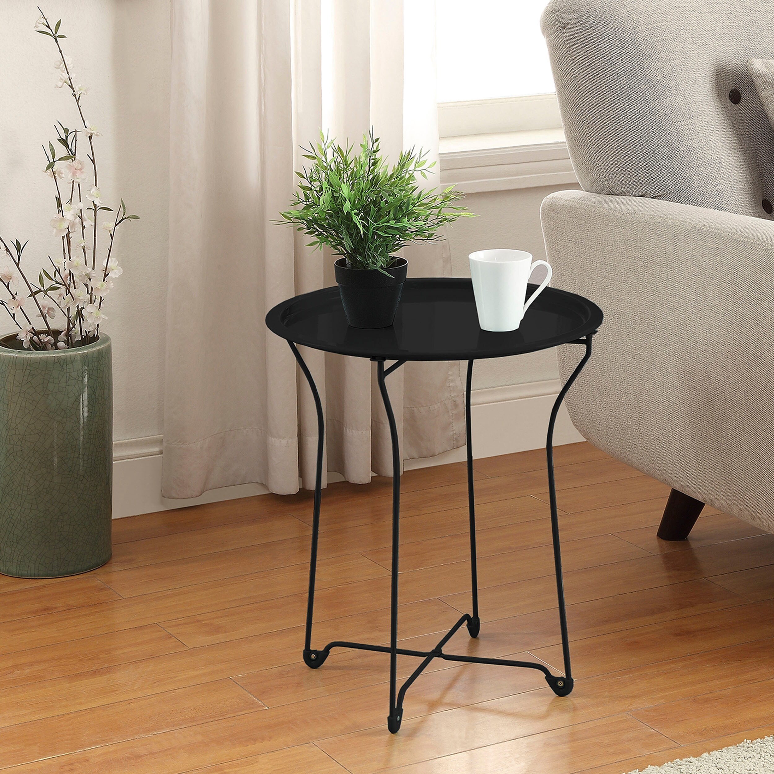 Round Metal Tray End Side Table， Removable Tray Outdoor and Indoor Drink， Snack， Coffee Table， Teleph1 Table