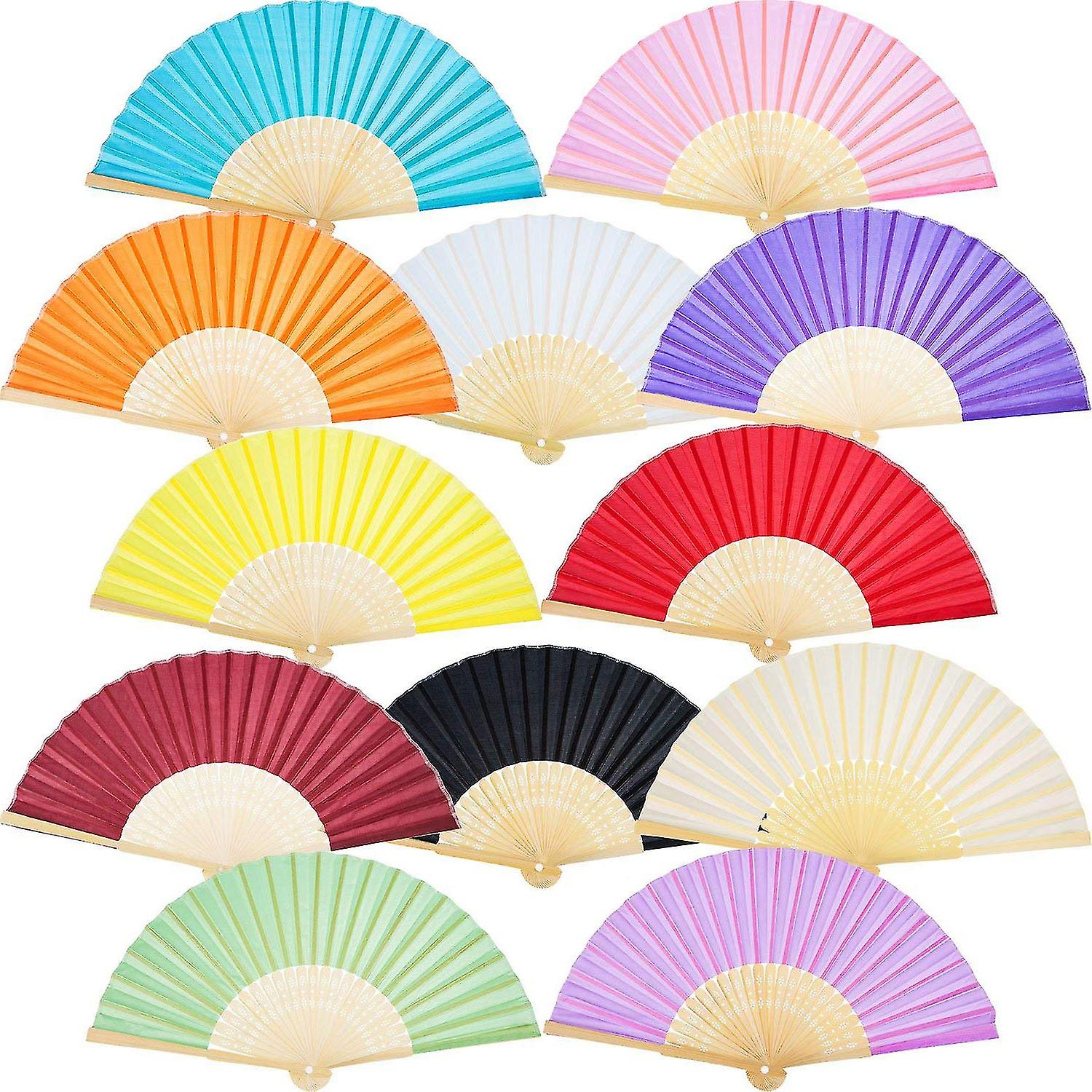 12 Pack Hand Held Fans Silk Bamboo Folding Fans Handheld Folded Fan For Church Wedding Gift， Party Favors， Diy Decoration