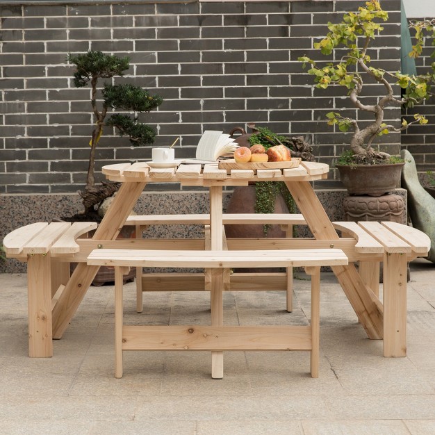 Gardenised Wooden Outdoor Patio Garden Round Picnic Table With Bench 8 Person Natural