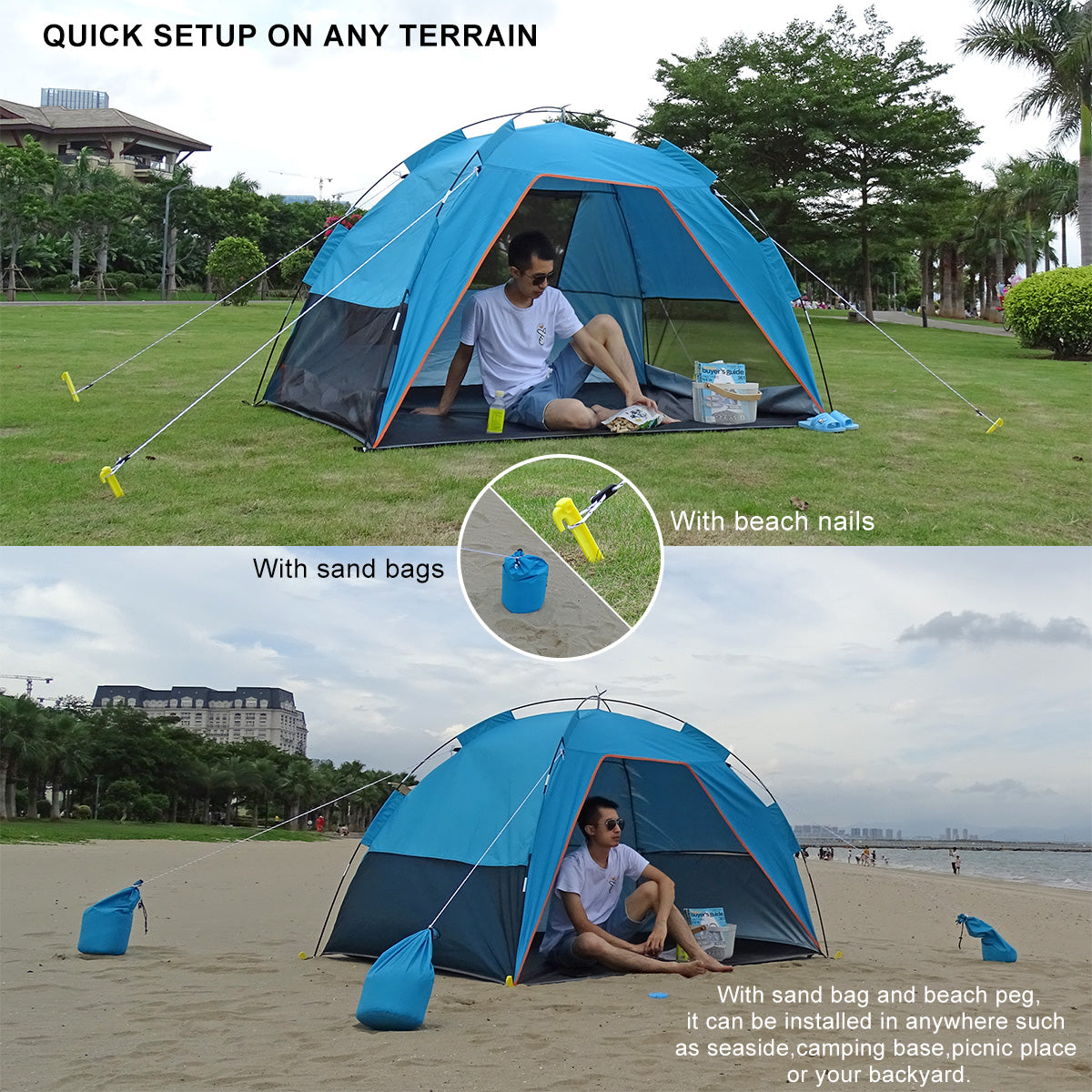 Family Beach Tent for 3-4 Person Easy Setup Garden Patio Shade Portable Beach Sun Shelter Canopy Blue