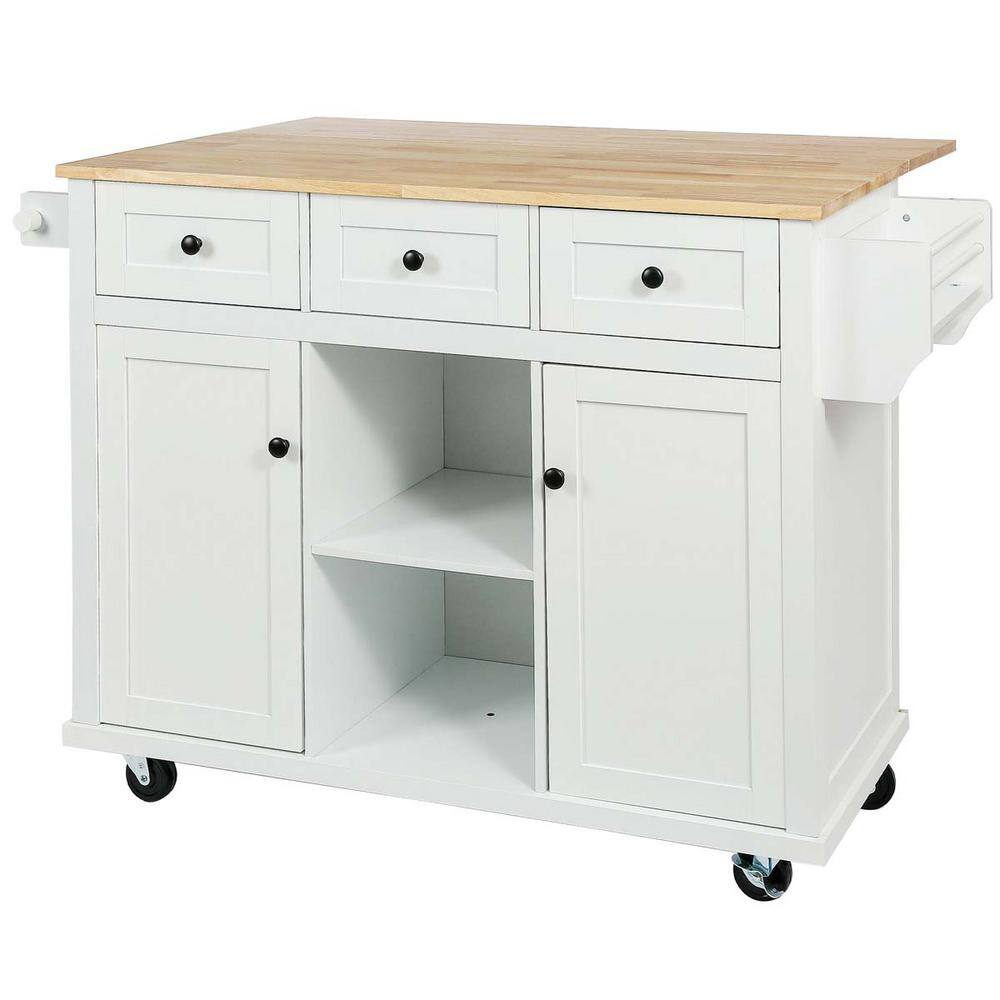 White Wood 53 in. W Kitchen Island Cart with Drop Leaf 2-Storage Cabinets 3-Drawers and Storage Rack LN0207MI-CART-1