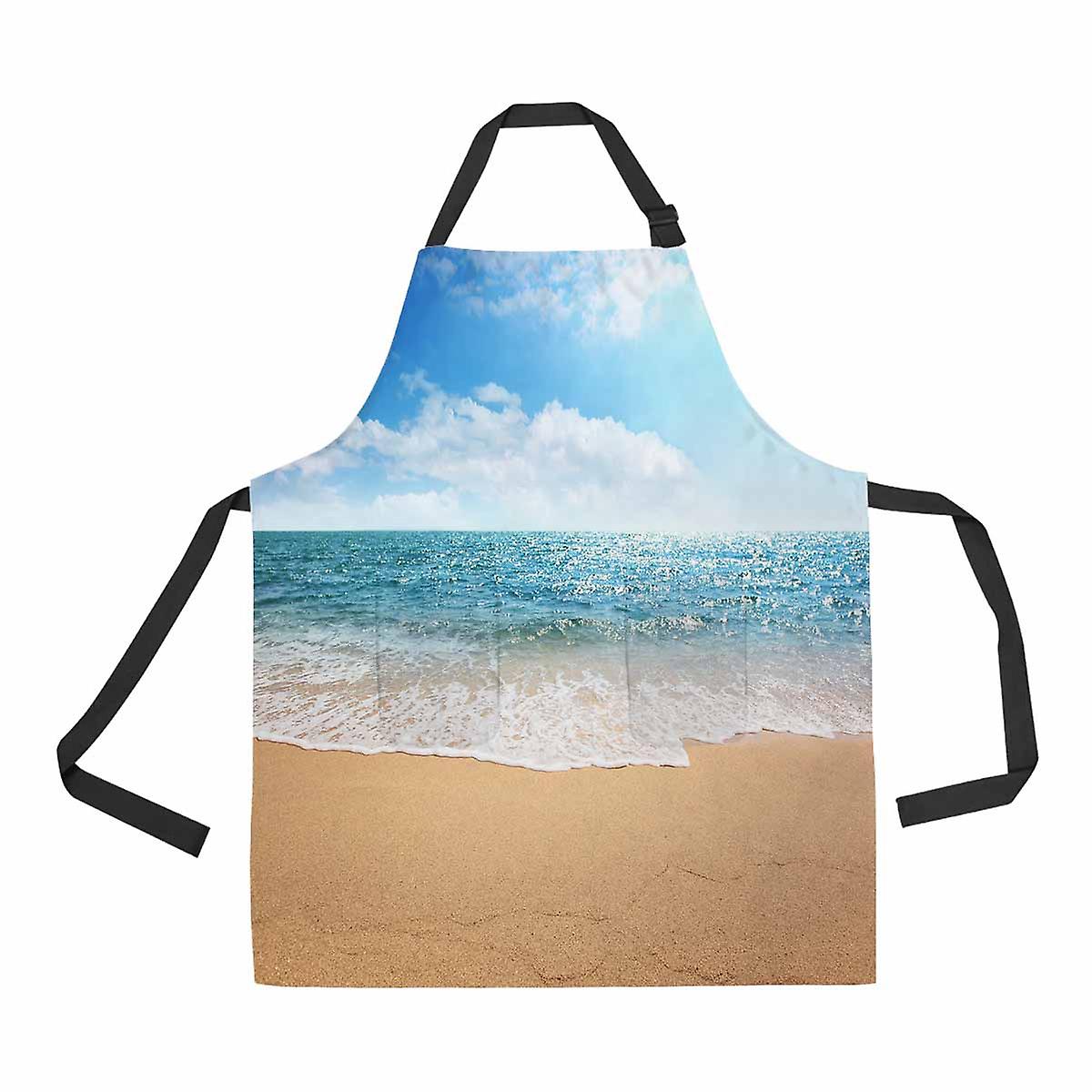 Beach And Tropical Sea At Sunny Day Unisex Adjustable Bib Apron With Pockets For Commercial Restaurant And Home Kitchen Use