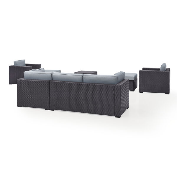 Biscayne 7 Person Outdoor Wicker Seating Set in Mist - One Loveseat， Two Arm Chairs， One Corner Chair， One Coffee Table， Two Ottomans